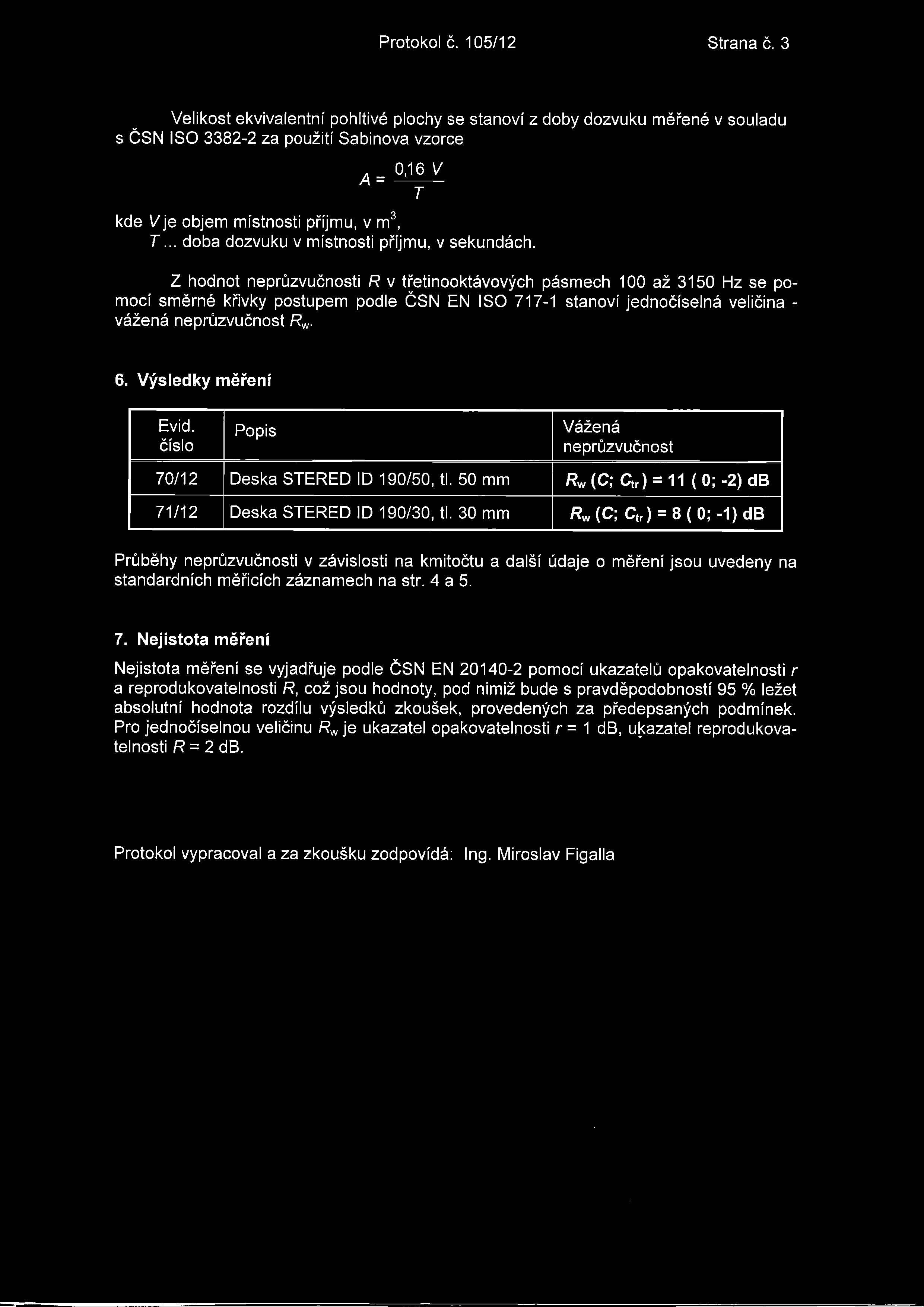 Protokol c. 105/12 Strana c. 3 Velikost ekvivalentnf pohltive plochy se stanovi z doby dozvuku mefene v souladu s CSN ISO 3382-2 za pouzitf Sabinova vzorce kde Vje objem mistnosti pfijmu, v m3, T.