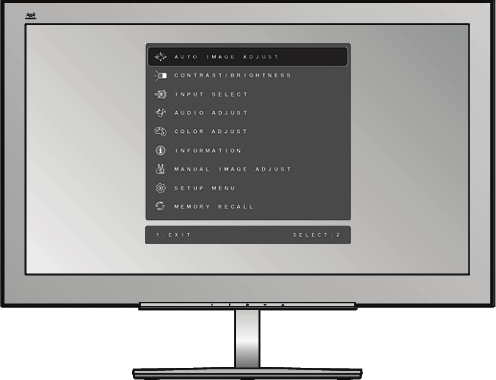 Hlavní nabídka s ovládacími prvky OSD P ední ovládací panel popis (viz níže) Zobrazí okno s nastavením pro vybraný ovládací prvek.
