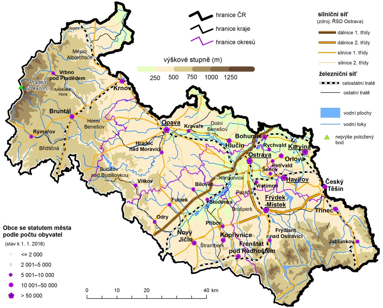 Geografická mapa Moravskoslezského kraje Geographical map of the Moravskoslezský Region Nej.