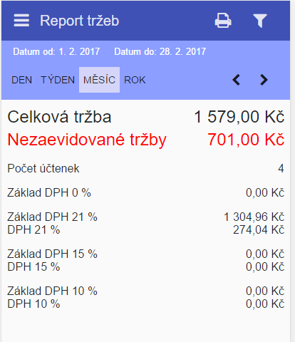 Report tržeb Zde vidíte kompletní přehled vašich tržeb. Kliknutím na ikonu filtru je možné nastavit si období, za které chceme vidět tržby.