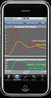 Obr. 2.4 Screenshot z programu AnestAssist 1.4 iphone Application. Na scrrenshotu je vidět průběh předpokládané koncentrace léčiva v plazmě pacienta v závislosti na čase. 2.1.3 MwPharm 3.