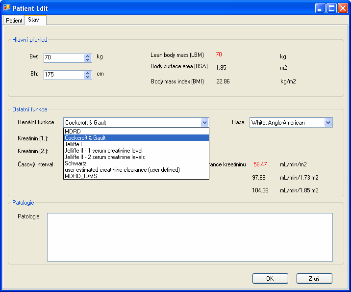 A.7 Druhé okno s nastavením parametrů aktuálně vybraného pacienta a s výpočtem clearance kreatininu Záložka Stav okna PatientEdit obsahuje základní fyziologické parametry pacienta.