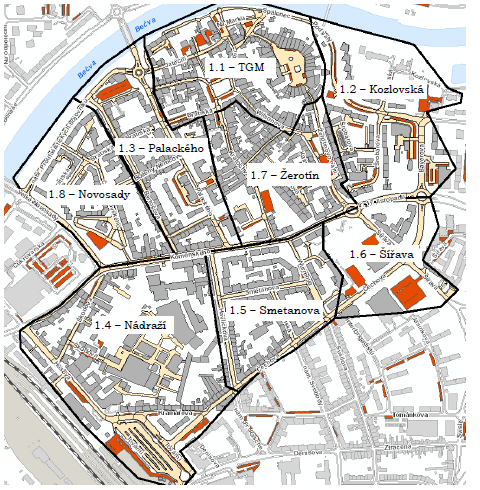Obrázek 1.6: Dělení dopravního oblasti centrum na okrsky Tabulka 1.3: Vyhodnocení obsazenosti parkování v centru, analýza UDIMO z dat dle dokumentace Okrsek Uvažovaných stání Max. stojících v MAX.