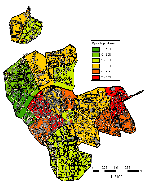 Tabulka 1.4: Bilance parkování v centru v roce 2012, analýza UDIMO z dat dle dokumentace Území Uvažovaných stání Max. stojících v MAX. obsazenost za jednom okamžiku průzkum Okrsek 1 bez oblasti 1.