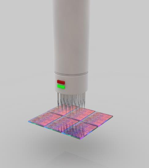 Řezání wafferu Měřítko: waffer 300 mm Zde vidíte ilustrační obrázek znározňující řezání wafferu na jednotlivé čipy.