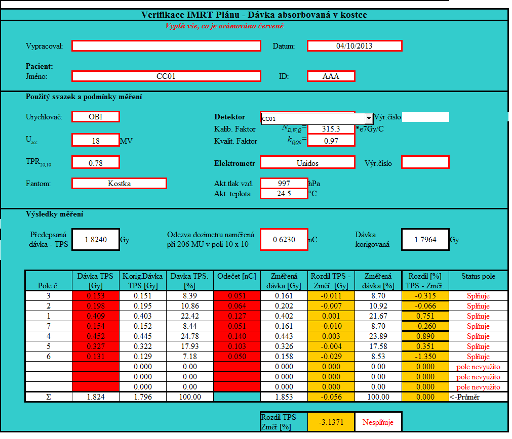 Tabulka 3.3.1 Ukázka verifikačního protokolu. Nahoře vlevo je vidět předepsaná dávka pro jednu frakci, vpravo tato dávka po zohlednění korekčních faktorů.