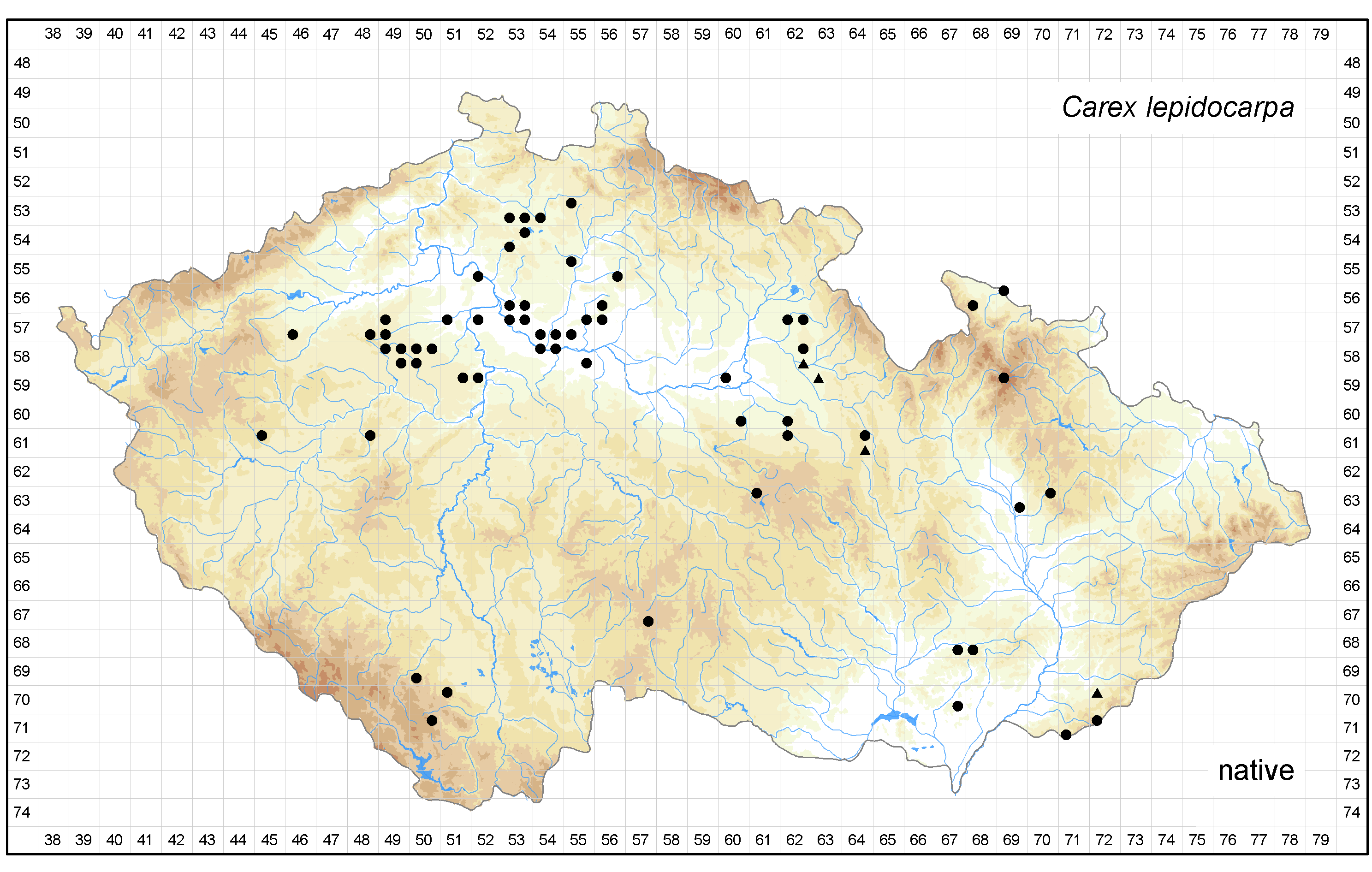 Distribution of Carex lepidocarpa in the Czech Republic Author of the map: Jitka Štěpánková Map produced on: 20-11-2015 Database records used for producing the distribution map of Carex lepidocarpa