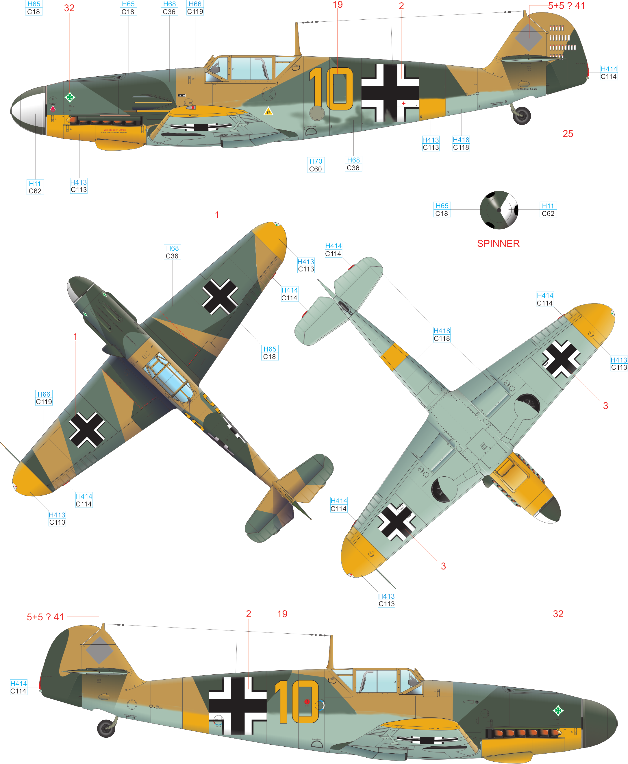 B Bf 109F-4, Uffz. Hans Döbrich, 6./JG 5, Petsamo, Finsko, 2. září 1942 Držitel Rytířského kříže s 65 sestřely na kontě Hans Döbrich používal tento stroj v bojích proti pilotům Sovětského svazu.