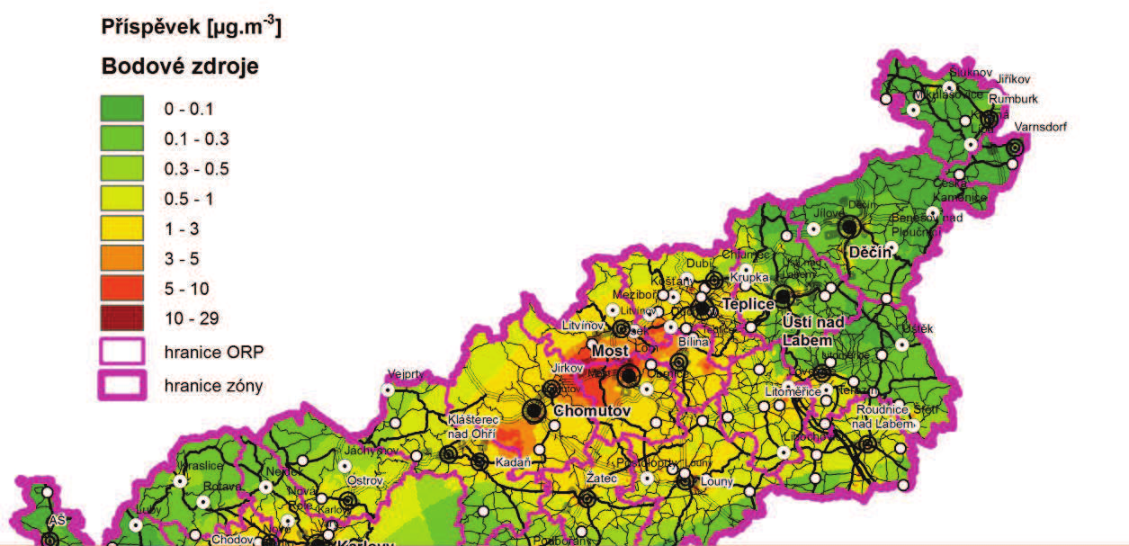 mapové výstupy s příspěvky jednotlivých uvedených skupin zdrojů k celkovému imisnímu zatížení PM10.