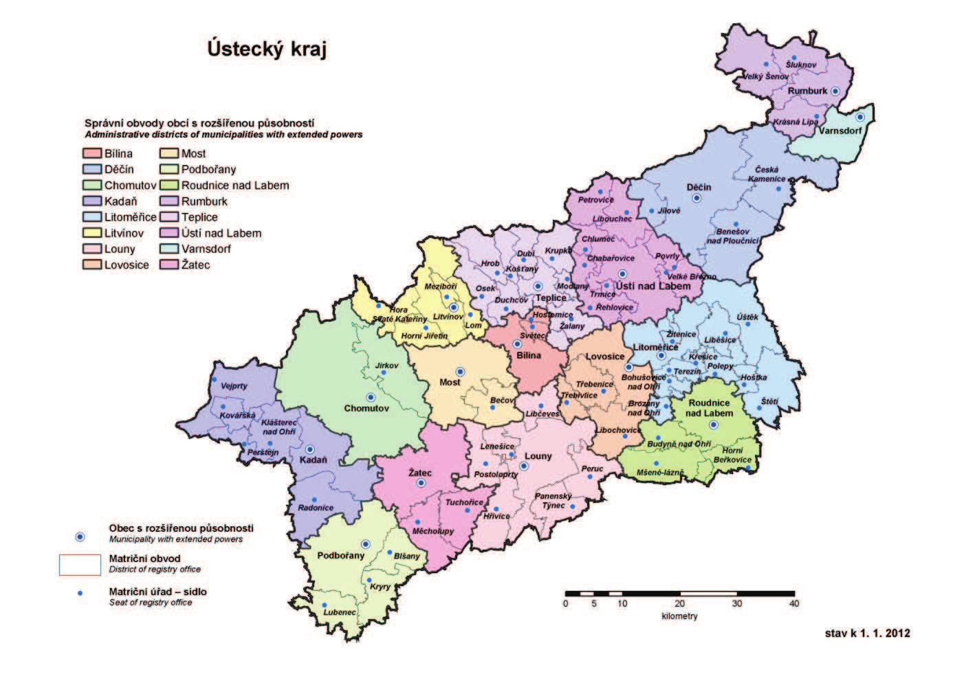 Obrázek 4: Správní členění, Ústecký kraj, zóna CZ04 Severozápad, členění podle ORP (s vyznačením měst Ústeckého kraje) Zdroj: ČSÚ (http://www.czso.cz/csu/2012edicniplan.