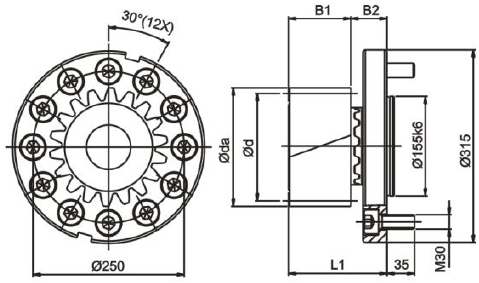 380 B 06L19B160 06L19 C 06L19C166 ROZTEČNÁ KRUŽNICE ŠROUBŮ - Ø 00 mm Modul z (1) x () da (3) d (4) dw (5) B1 B L1 L (6) Sada Pouze pastorek 8 15 0,355 149 17,34 133 81 50 131