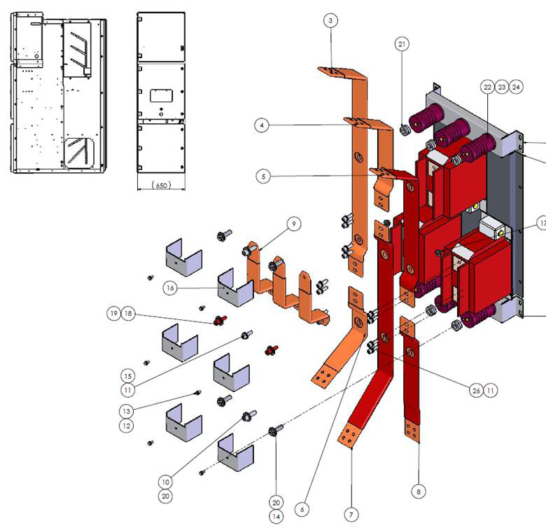 Obrázek B.2 - Přidání transformátorů proudu do funkční jednotky pevné spojky přípojnic vzduchem izolovaného rozváděče Tabulka B.