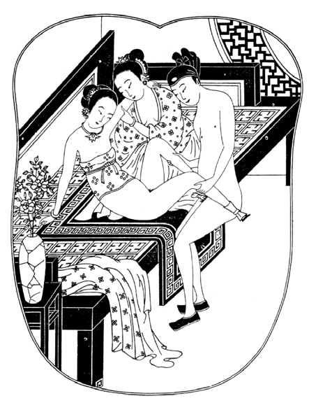 13,5x13,5 cm, uloženo: Sbírka Šibui, Tokio, Japonsko. Na této a některých dalších ilustracích mají ženy uměle zmenšené nohy. druhé: Její bradavky se vztyčí a ztvrdnou.