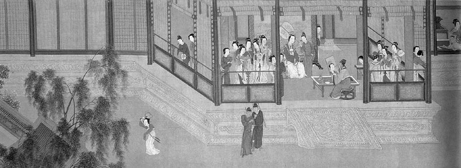 216 Čchiou Jing, Podzim v paláci Chanů, kolem roku 1550, detail horizontálního svitku, tuš a barvy na hedvábí, výška 30,4 cm, uloženo: Palácové muzeum, Tchaj-pej.