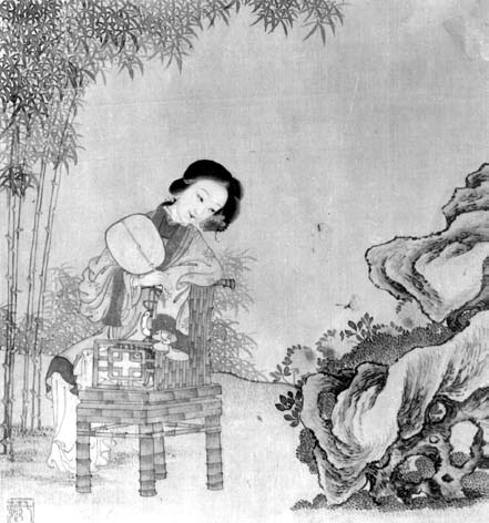 Obrazy krasavic a kurtizán zaujímaly v čínské figuralistice významné místo od 16. století. tech ani v kolekci textilií Palácového muzea doloženo. Tím provokativněji působí uvedená zástěna.