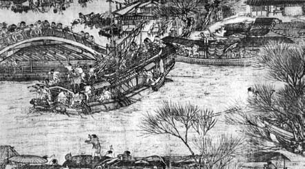 54 Vodní transport hrál v období dynastie Sung zásadní roli. Detail ze svitku sungského malíře Čang Ce-tuana. přímořské Čchüan-čou ( Zaitun Marka Pola), Kanton a mnohá další.