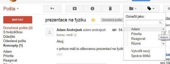 Po kliknutí na ně se vyberou pouze emaily s příslušným štítkem. Chcete-li vytvořit nový štítek, klikněte na příkaz Více nabídka, ze které použijete příkaz Vytvořit nový štítek.