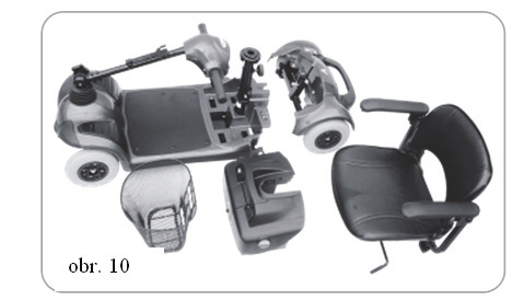 Skútr se tedy dá rozložit na zobrazených 5 dílů přední a zadní část, sedačka, košík a baterie (viz obr. 10).