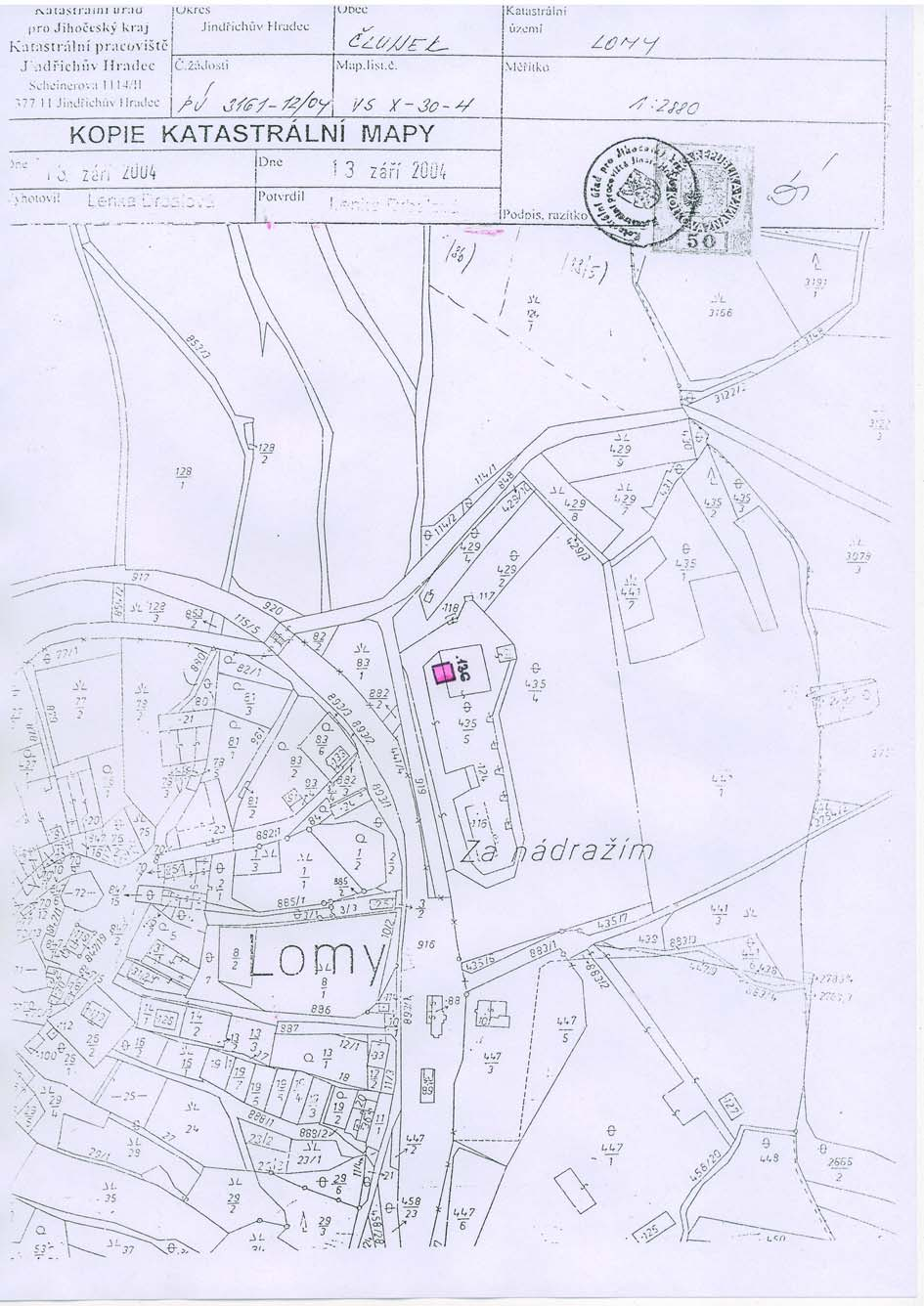 Snímek pozemkové mapy dokumentace pro zjišťovací