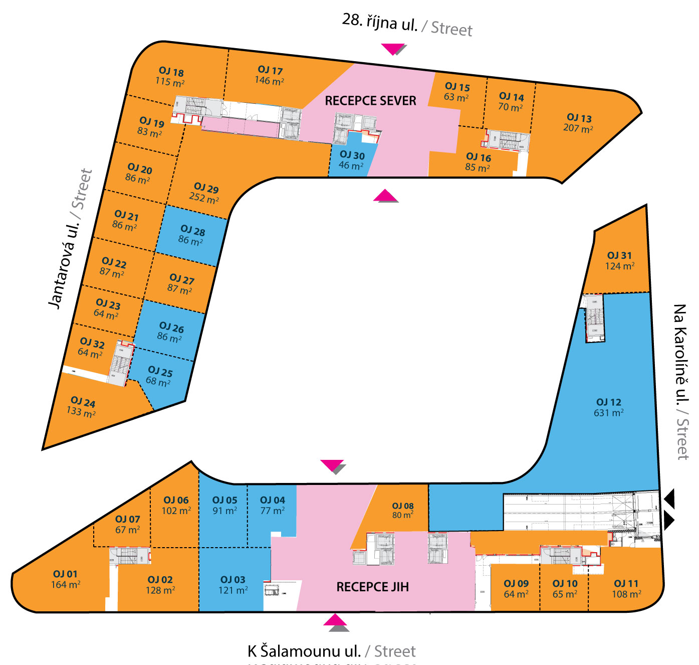 Leased units Zázemí domu + instalační jádra / rear + instalation core Vstup /