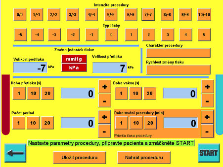 Nejprve v horní řádce zvolíme intenzitu procedury (+/- symetrická hodnota tlaku/podtlaku), např. +7 kpa / -7 kpa.