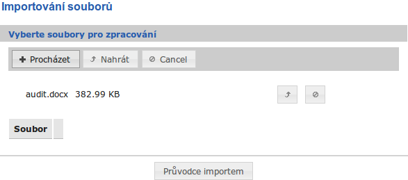 Případu užití Import souborů postupně odpovídají obrázky 5.4, 5.5 a 5.6. Obrázek 5.4 zobrazuje první krok procedury importování souboru.