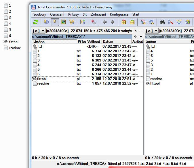 Všechny soubory s nafitovanými daty si s spolu prográmkem Fittool TRESCA dáme do jednoho adresáře. V příkladu je použito 6 srovnávacích hvězd, které pozorovatel uznal za vhodné k použití (1.txt až 6.