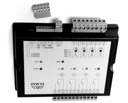 SAM-0 modul pro vzdálené připojení logické/čítačové vstupy, relé Komunikační linka RS/ nebo RS s galvanickým oddělením Jednoduchý protokol komunikace logické vstupy s galvanickým oddělením, každý s