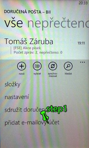 screen2 -> step1). Až poté se zobrazí popisky úvodních ikon. K vykonání úkonu, ovšem musíme kliknout na nově zobrazený link sdružit doručenou poštu (viz.