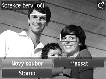 Korekce červených očí Snímky s projevy efektu červených očí lze automaticky korigovat a ukládat jako nové soubory. Vyberte položku [Korekce červ. očí].