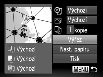 Tisk snímků Oříznutí a tisk (oříznutí) Část snímku pro tisk lze oříznout. Vyberte položku [Výřez]. Podle pokynů v krocích 1 2 na str.