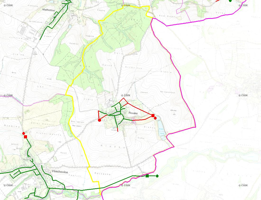 E. KANALIZACE A ČOV Mapa E1: Kanalizace - rozvody v obci Trasování sítí, lokalizace ČOV, čerpací stanice (ČS), výústě Obec: Rouské Legenda: Kanalizace: Ochranné pásmo: Vyústění: do 2015 po 2015 I IA