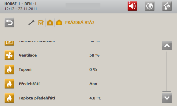 Tato funkce udržuje určitou výměnu vzduchu ve stáji tak, že nastaví fixní procento kapacity systému (např. 50%). Tak jsou ochráněna zvířata v případě, že omylem nastavíte stáj do režimu Prázdná stáj.