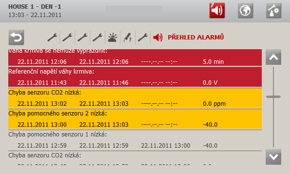 62 Uživatelská příručka 4.3 Test alarmu Barvy v přehledu alarmů odpovídají stavu alarmů: Červená: aktivní alarm Žlutá: aktivní varování Šedá: alarm skončil ukládá až 20 aktivních a dřívějších alarmů.