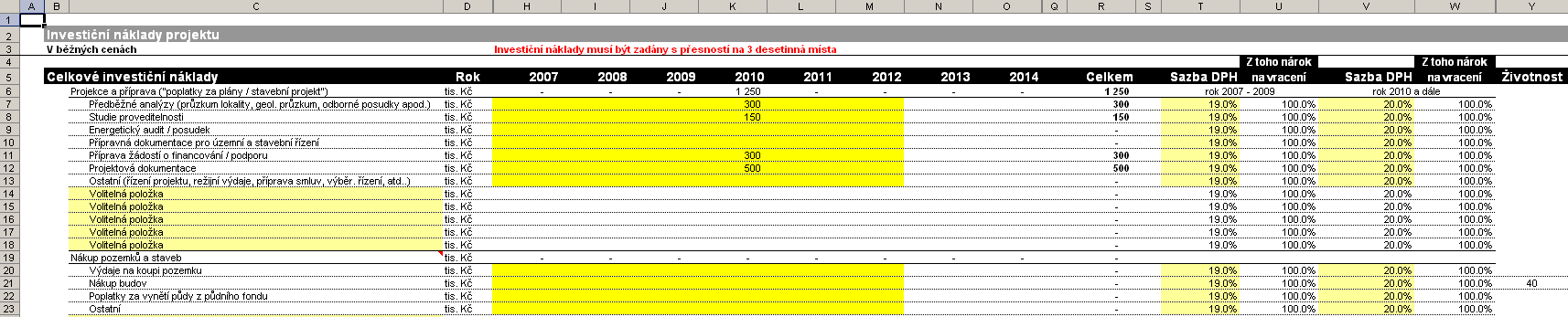 2012) zadá Zpracovatel hodnotu přepokládaných investičních nákladů ( Regulační stanice : 800,000 tis. Kč).