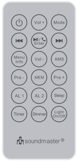 Dálkové ovládání Označení VOL+ VOL- Mode Enter Menu Info AMS Pre- MEM Pre+ AL1 AL2 Sleep Timer Dimmer Light On/Off Funkce Vypnutí/zapnutí zařízení Zvýšení hlasitosti Snížení hlasitosti Přepínač