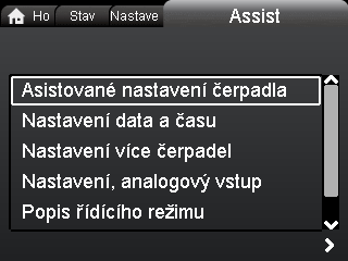 nastavení. Všechna nastavení uživatele v menu "Nastavení" a "Assist" budou vrácena zpět na tovární nastavení. To zahrnuje i jazyk, jednotky, nastavení analogového vstupu, funkci více čerpadel apod.