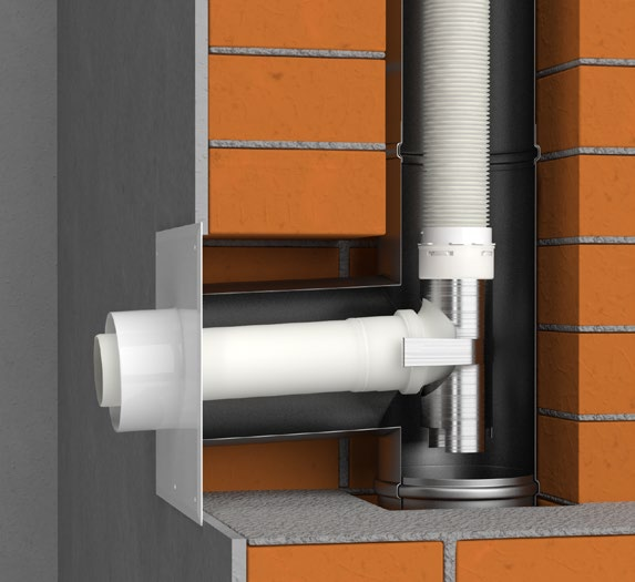 ODVODY SPALIN Spalinové hrdlo kotle INTERGAS KOMPAKT je z výroby osazeno integrovaným adaptérem pro připojení koaxiálního kouřovodu DN 100/60, což umožňuje připojit odvod spalin kotle INTERGAS