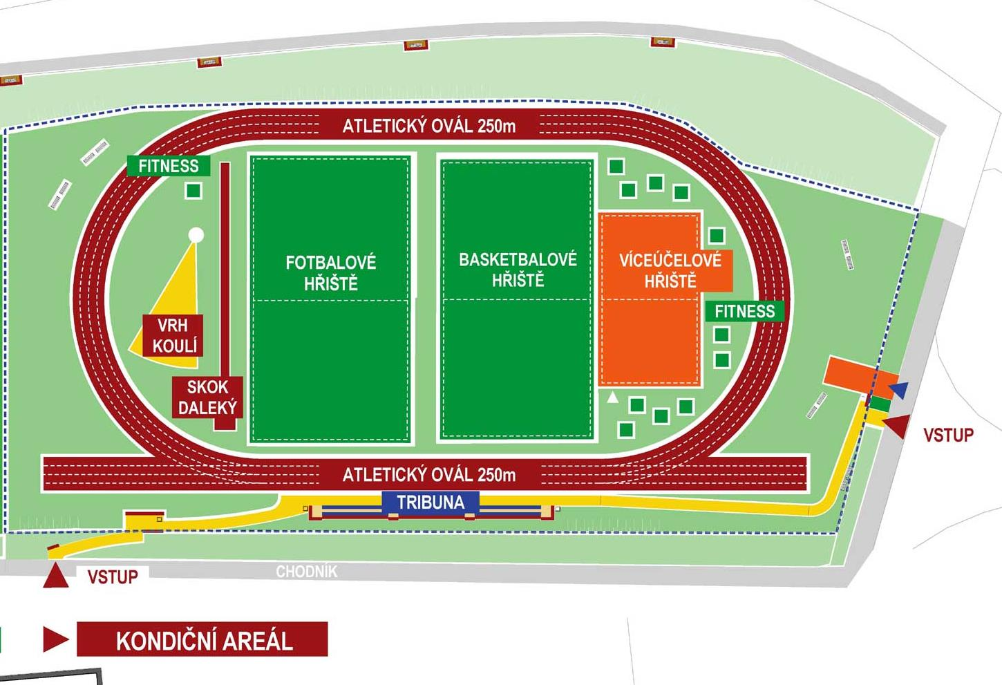 Kondiční areál o rozloze 8 180 m 2 zahrnuje: atletický ovál s cílovou rovinkou, tribunu, sportovní sektory uvnitř atletického oválu kruh na vrh koulí, sektor na skok daleký a skok vysoký, víceúčelové