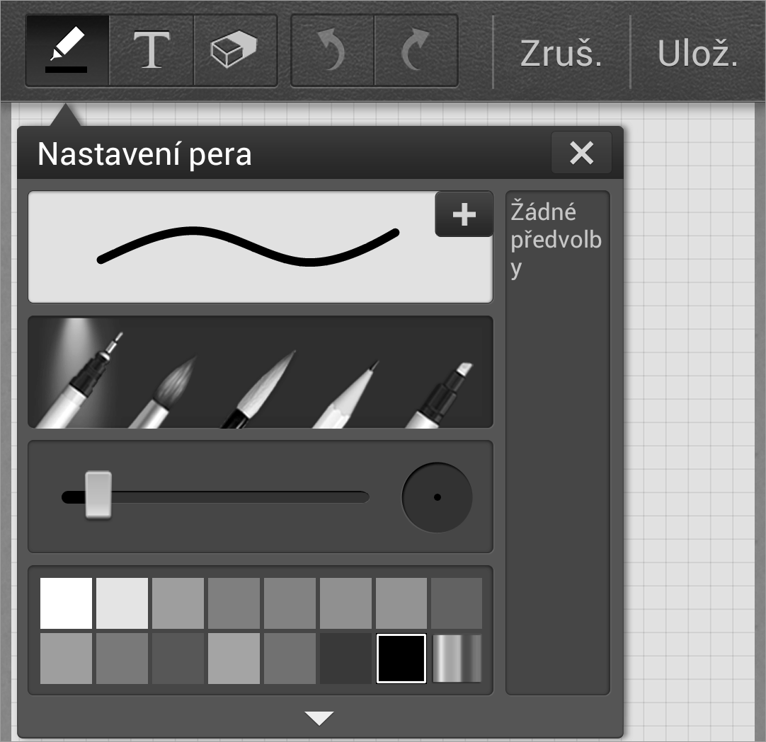 Nástroje Během zápisu poznámky znovu klepněte na položku a změňte typ pera, tloušťku čáry nebo barvu pera.