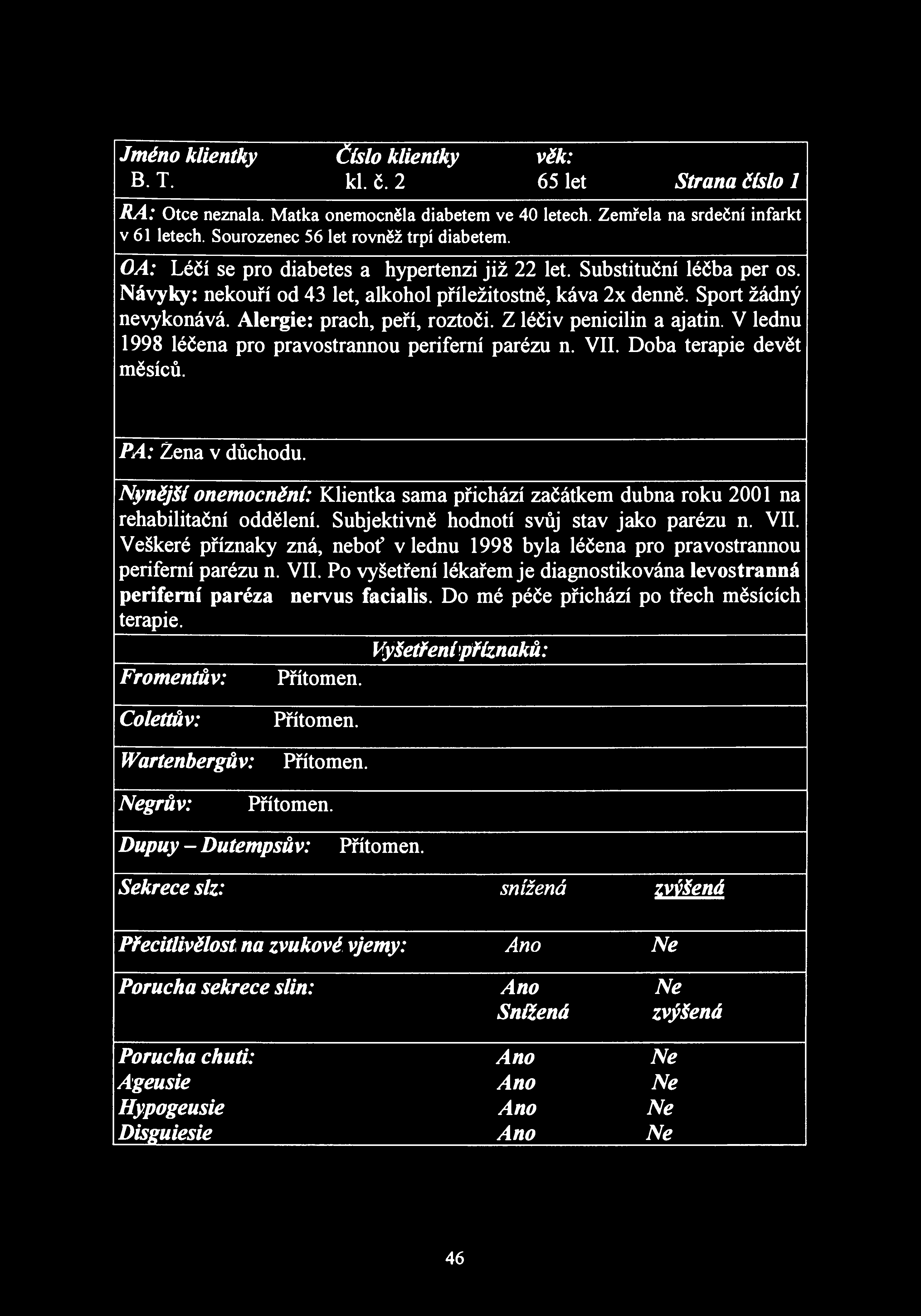 Jméno klientky В. Т. Číslo klientky kl. č. 2 věk: 65 let Strana číslo 1 RA: Otce neznala. Matka onemocněla diabetem ve 40 letech. Zemřela na srdeční infarkt v 61 letech.