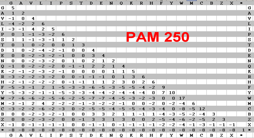 2.1.3 Substituční matice (Substitution Matrix, Scoring Matrix) Substituční matice je čtvercová matice, jejíž řádky a sloupce odpovídají znakům v sekvenci.