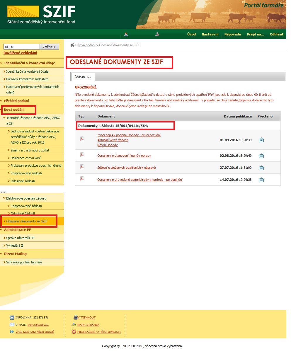 Zasílání emailových zpráv k dokumentům odesílaným ze SZIF prostřednictvím Portálu farmáře Dokumenty k administraci (výzvy k doplnění, výzva k podpisu Dohody o poskytnutí dotace, atd.