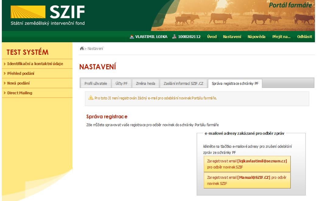 2. Aktivace zasílání notifikací: 1) Výběr menu "Nastavení". 2) Záložka "Správa registrace schránky PF".