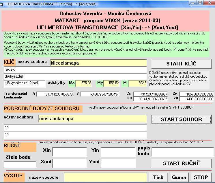 Obr. 11 Uživatelské rozhraní softwaru MATKART program VB034 V programu InfoMapa jsem zjistila souřadnice obcí a soutoků v S-JTSK a k nim jsem potom vztahovala veškeré odchylky.