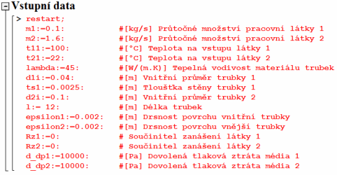 Popis pracovního prostředí programu Maple m:.6: #[kg/s] Průtočné množství pracovní látky Černě zbarvený text je pak prostý text, používaný k vytváření textové části ve zdrojovém kódu.