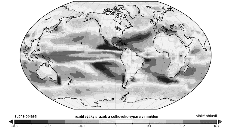 21 lastech s většími srážkami a ubývání v oblastech s větším výparem vyvažují mořské proudy, které ročně přenesou přibližně 22 mil. km³ vody.