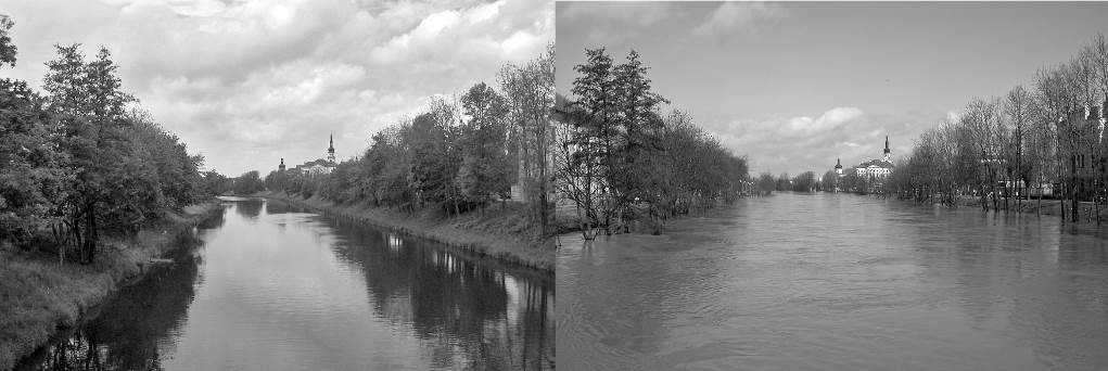 Na Obrázku 61 vidíme jarní povodeň způsobenou táním sněhu v roce 2006 v Olomouci na řece Moravě v porovnání s normálním stavem stejného úseku řeky.