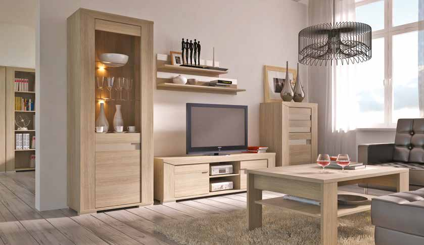 Moderní nábytek s hrubou povrchovou úpravou laminace imitující strukturu dřeva v nejvyšší kvalitě. Zajímavými rysy jsou především originální úchyty a decentní nožičky.