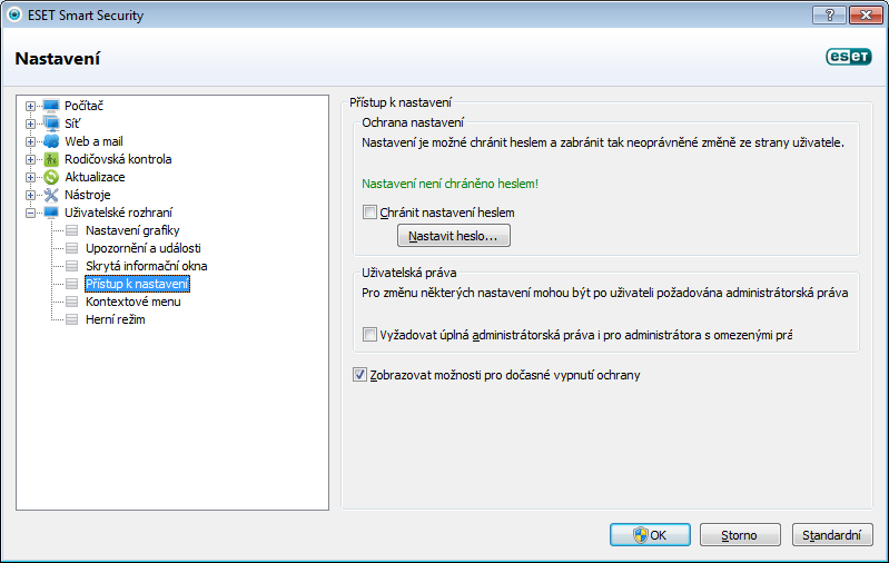 4.7.4 Přístup k nastavením Správné nastavení ESET Smart Security je velmi důležité pro zachování celkové bezpečnosti vašeho systému.